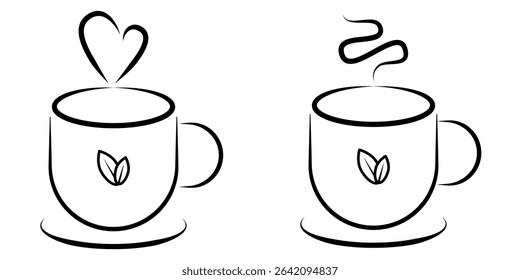 Herbal Tea Cup Minimalist Icon set. Clean and elegant line art vector icon of a steaming mug with a leaf detail, representing hot beverages, healthy living, and relaxation. Ideal for logos, web design