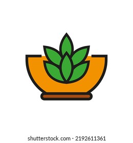 Herbal tea in a cup. Plant with green leaves in a bowl. Vector logo and icon. Isolated illustration on white background. 