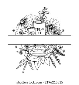 Herbal Tea cup vector set. Doodle Hand drawn sketch illustration
