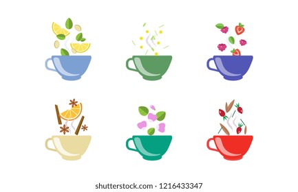 Herbal tea cups set, lemon, chamomile, strawberry, raspberry, cinnamon, rosehip, anise vector Illustration on a white background