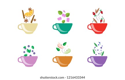 Herbal tea cups set, tea with orange, blueberry, apple, cinnamon, rosehip, anise vector Illustration on a white background