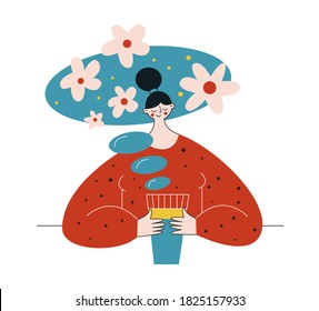Herbal tea. Cute young woman with tisane. Oriental female character and hot drinks flat vector illustration. Huge cup of tea, hot beverage. Organic banner, postcard, poster design isolated on white