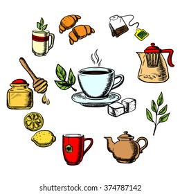 Herbal tea design with cup of hot tea on saucer, mint leaves, sugars, lemon and croissant surrounded teapots and cups, honey jar with dipper, tea bag, tea leaves and ginger. Vector icons