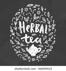 Herbal tea doodles. White chalk on the blackboard. Vector hand drawn illustration.