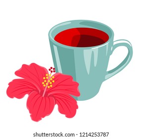 Herbal tea drink of red color from dried Rosella flowers, or Sudanese rose in a ceramic cup isolated on a white background. Bright hibiscus flower.