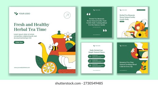 Herbal Tea Flat Cartoon Hand Drawn Social Media Post Template Background Illustration