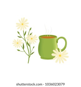 Herbal tea in a green cup with chamomile, remedy for colds vector Illustration on a white background