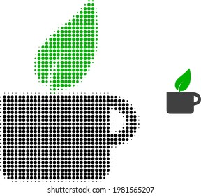 Ilustración de ícono de medio tono de té de hierbas. El patrón de semitono contiene píxeles redondos. Icono vectorial del té de hierbas en un fondo blanco. Abstracción plana para el símbolo de té de hierbas.