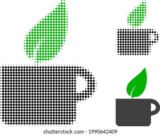 Herbal tea halftone dotted icon. Halftone array contains circle pixels. Vector illustration of herbal tea icon on a white background.