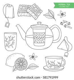 Herbal tea, hand drawn icons set. Big collection of objects, black and white illustration. Design elements vector
