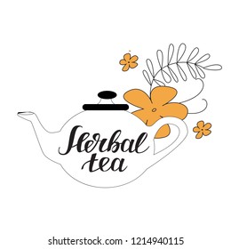 Herbal tea. Hand drawn typography poster with doodle elements. Calligraphic design for poster, flyer, logo or blog.  Restaurant cafe menu, template design. Vector illustration on white background. 