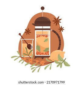 Té de hierbas con hojas de hierba, limón, bayas de espinas marinas, anís hecho en tetera. Taza de vidrio de bebida caliente aromática curativa con miel. Ilustración vectorial gráfica plana aislada en fondo blanco