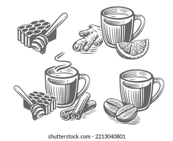 Herbal tea with honey ginger and cinnamon drawing sketch.