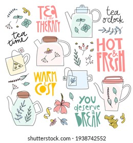 Herbal tea illustration and lettering set. Cute hand drawn doodle elements: teapot, cup, teabag, flowers and herbs. Cosy warm quotes about tea drinking.