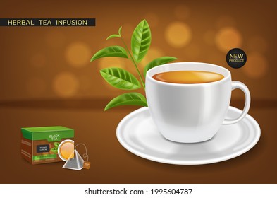 Herbal tea infusion mock up Vector realistic. Product placement label design