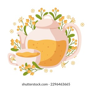 Herbal Tea Is An Infusion Of Plants, Flowers, And Herbs That Have Health Benefits And Are Brewed In Hot Water. It Is Caffeine-free And Consumed For Therapeutic Properties. Cartoon Vector Illustration