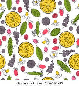Herbal tea ingredients.  Vector seamless pattern