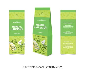 Herbal tea label template featuring vibrant green packaging that highlights natural ingredients and health benefits.