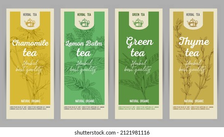 Herbal tea labels set: chamomile tea, lemon balm, green tea, thyme. Sketchy vector hand-drawn illustrations.