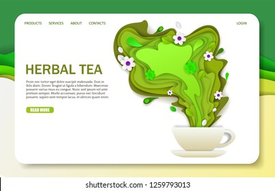 Herbal tea landing page website template. Vector paper cut ceramic cup with spilling aromatic green tea and flowers.