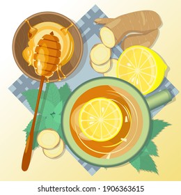 Kräutertee mit Zitronenbalsam, Ingwer und Honig. Minzblätter, gezackter Ingwer und Kalk, eine Tasse Kräutergetränk auf einer Serviette auf der Draufsicht. Vektorgrafik im Flachstil. Eine warme Infusionsbehandlung.