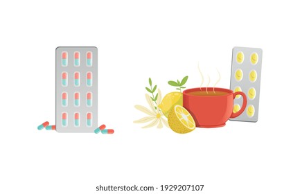 Herbal Tea, Lemon, Chamomile and Pills for Cold Remedy, Healthcare Medications Cartoon Vector Illustration