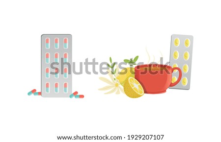 Herbal Tea, Lemon, Chamomile and Pills for Cold Remedy, Healthcare Medications Cartoon Vector Illustration