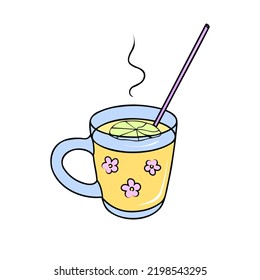 Herbal tea with lemon in glass. Vector Illustration for printing, backgrounds, covers and packaging. Image can be used for greeting cards, posters, stickers and textile. Isolated on white background.