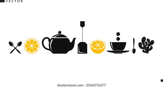 Herbal tea with lemon. Isolated teapot spoon tea cup sugar ginger lemon and tea leaves