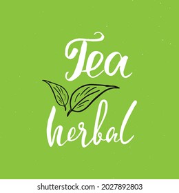 Herbal Tea lettering handwritten sign, Hand drawn grunge calligraphic text. Vector illustration.
