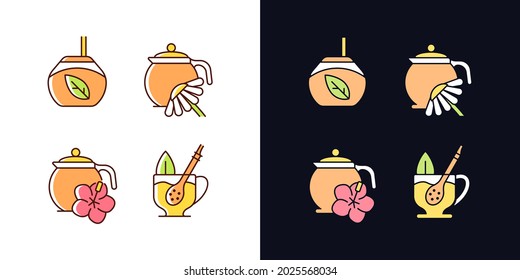 Herbal tea light and dark theme RGB color icons set. Hibiscus beverage. Camomile infusion. Mate tea with straw. Isolated vector illustrations on white and black space. Simple filled line drawings pack