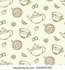 Herbal tea line seamless pattern. Hand drawn print design with outline teapot, cups, leaves, berries, lemon and chamomile on beige background.