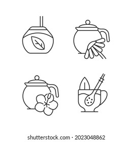 Herbal tea linear icons set. Hibiscus beverage carcade. Camomile infusion. Natural drink. Customizable thin line contour symbols. Isolated vector outline illustrations. Editable stroke