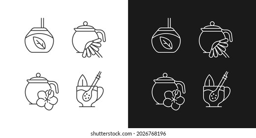 Herbal tea linear icons set for dark and light mode. Hibiscus beverage carcade. Camomile infusion. Customizable thin line symbols. Isolated vector outline illustrations. Editable stroke