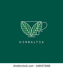 Herbal Tea Logo Design. Symbol Of Organic And Healthy Food With Leaves And Flowers. Cup Of Hot Tea For Company That Work On Healthy Drinks.  Linear Emblem Of Mug With Leaves - Vector