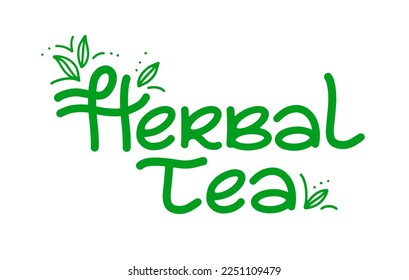 Herbal tea logo design, vector label for brand. Hand-drawn lettering. Template calligraphy decorated simple green leaves.