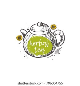 Herbal tea. Logo, icon and label for your design. Hand drawn doodle vector illustration. Can be used for menu, cafe, restaurant, bar, tea shop, emblem, sticker, badge. 