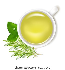 Herbal Tea With Mint And Rosemary, Isolated On White Background, Vector Illustration