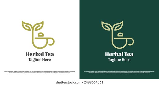 Herbal tea mug logo design illustration. Silhouette of linear lines cafe restaurant drink herbal tea medical medicine nature leaf organic. Simple icon symbol minimal minimalist geometric traditional.