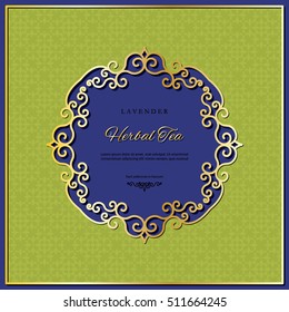 Herbal tea package design with luxury gold laser cutout frame. Bright green, violet and golden colors. Seamless pattern is full under clipping mask. 