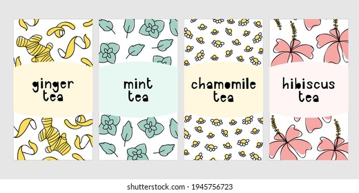 Herbal tea package design set. Ginger, mint, chamomile, hibiscus organic drink menu. Trendy doodle hand drawn product template collection.