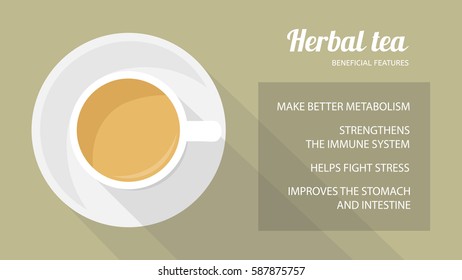 Herbal tea: properties and health benefits. Cup of beverage, top view