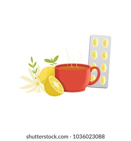 Herbal tea in a red cup, lemon, chamomile and pills cold remedies vector Illustration on a white background