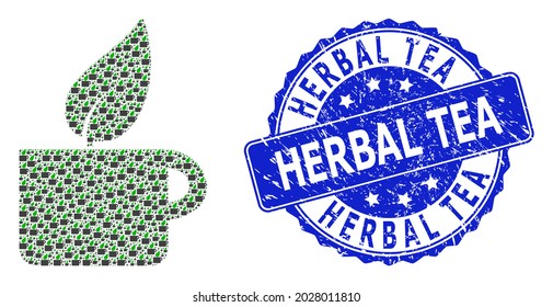 Herbal Tea scratched round seal print and vector fractal collage herbal tea. Blue seal has Herbal Tea title inside round shape. Vector collage is done from repeating herbal tea items.