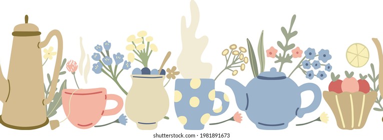 Herbal tea seamless border with lemons, teapots, fruit desserts, wild flowers and mugs of tea. Summer morning mood. Hand drawn vector illustration.