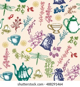Herbal tea seamless pattern, herbal tea background, herbs and tea vector 