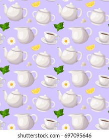 Herbal tea seamless pattern. Colorful breakfast background with tea pots, lemon, mint and chamomile. Colorful template for cooking and restaurant menu.