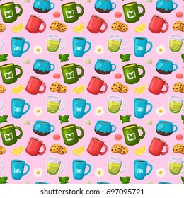 Herbal tea seamless pattern. Colorful breakfast background with tea cups and chamomile. Colorful template for cooking and restaurant menu.