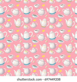 Herbal tea seamless pattern. Colorful breakfast background with tea pots, lemon, mint and chamomile. Colorful template for cooking and restaurant menu.