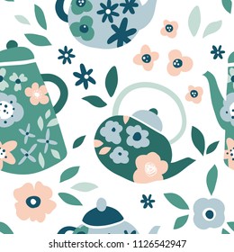 Té herbal sin fisuras. Calderas floridas con flores y hojas. Fondo vectorial de estilo de conjunto con ilustración de doodle dibujada a mano. Diseño de tejidos de cocina a medida